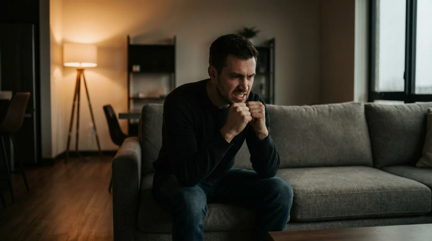 A man sitting at a table with visible tension in his hands and shoulders, struggling with compressed emotions