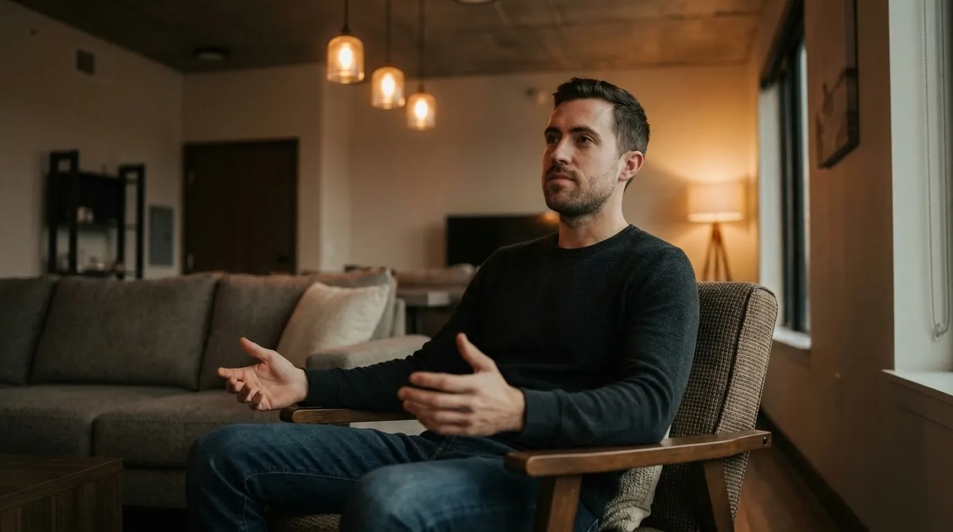 A man sitting on a couch with open hands and a calm expression, a moment of emotional openness