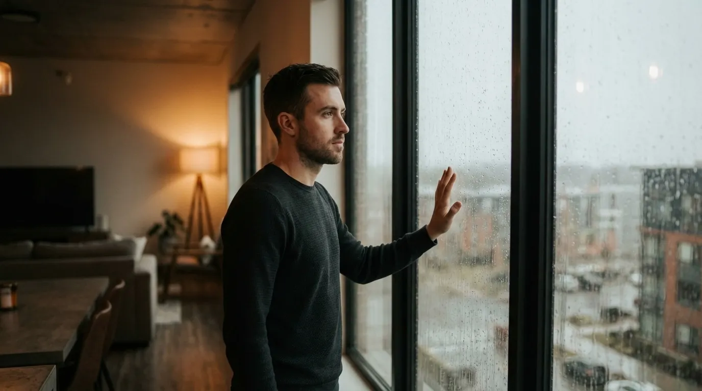 A man standing by a rain-streaked window, looking out with a distant introspective expression