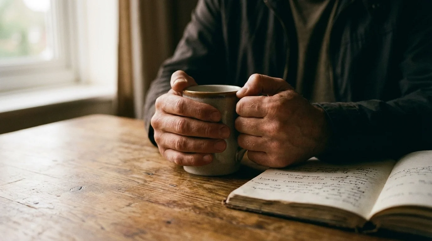 Man holding a coffee mug next to an open journal at a wooden table in morning light