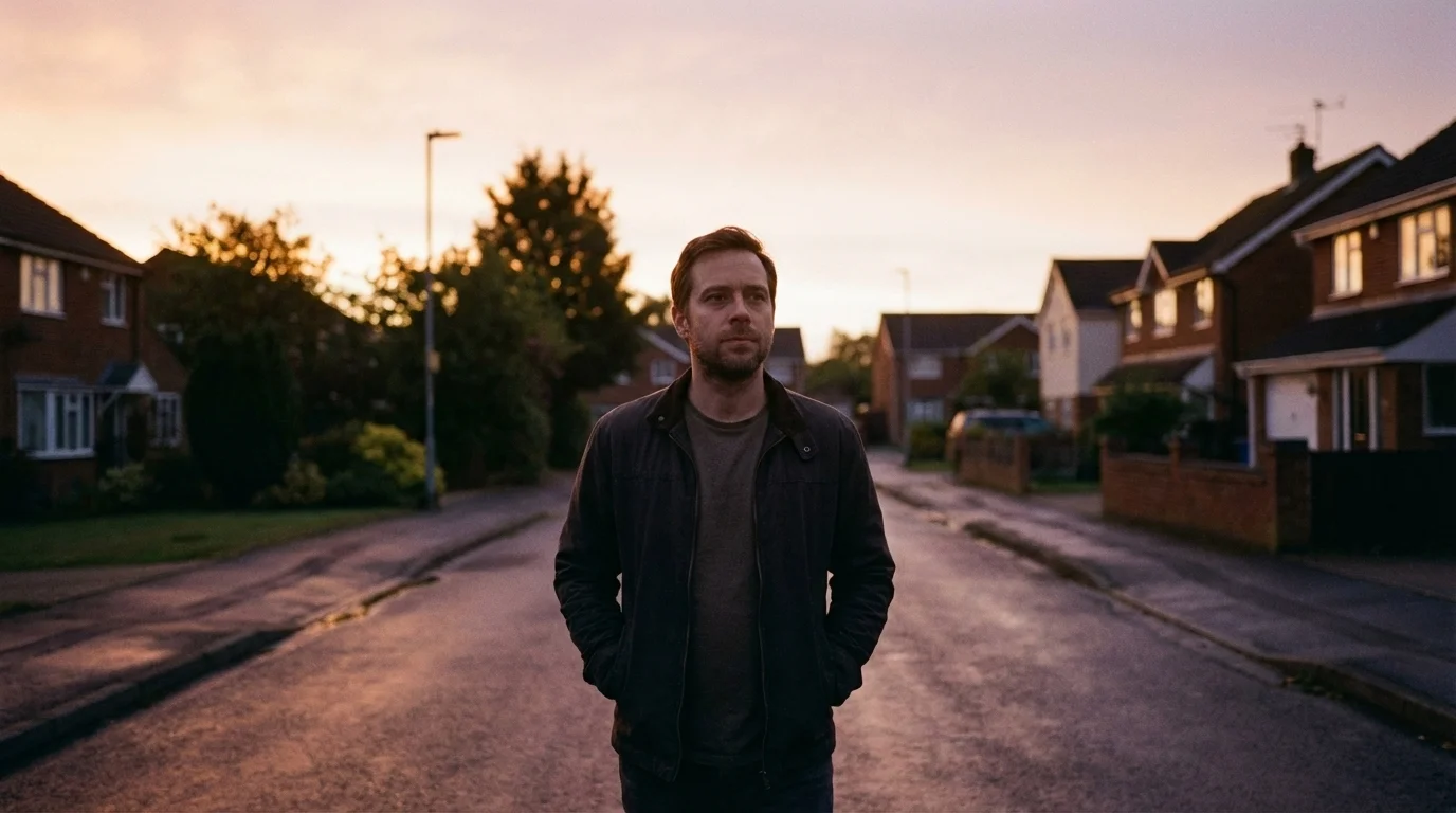 Man standing alone on a quiet suburban street at dawn, looking forward