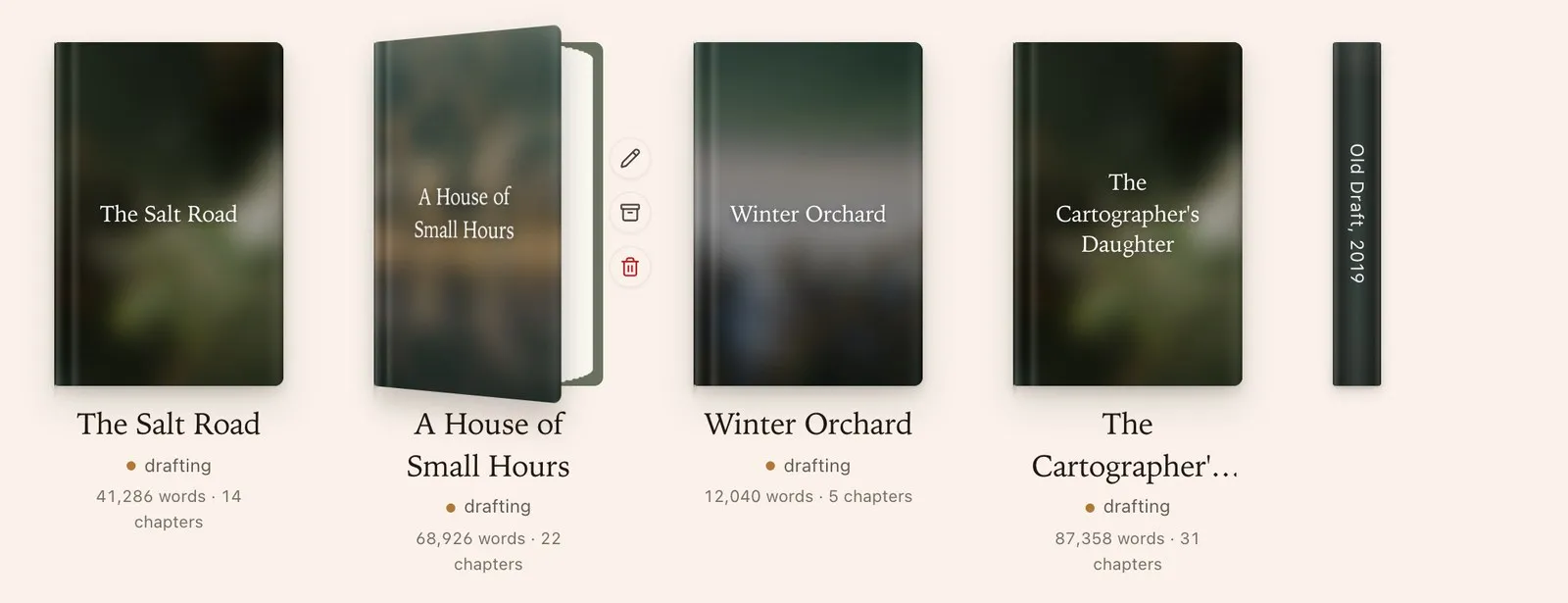 The Penflow shelf: four novels shown as book covers, each with its word count and chapter count.