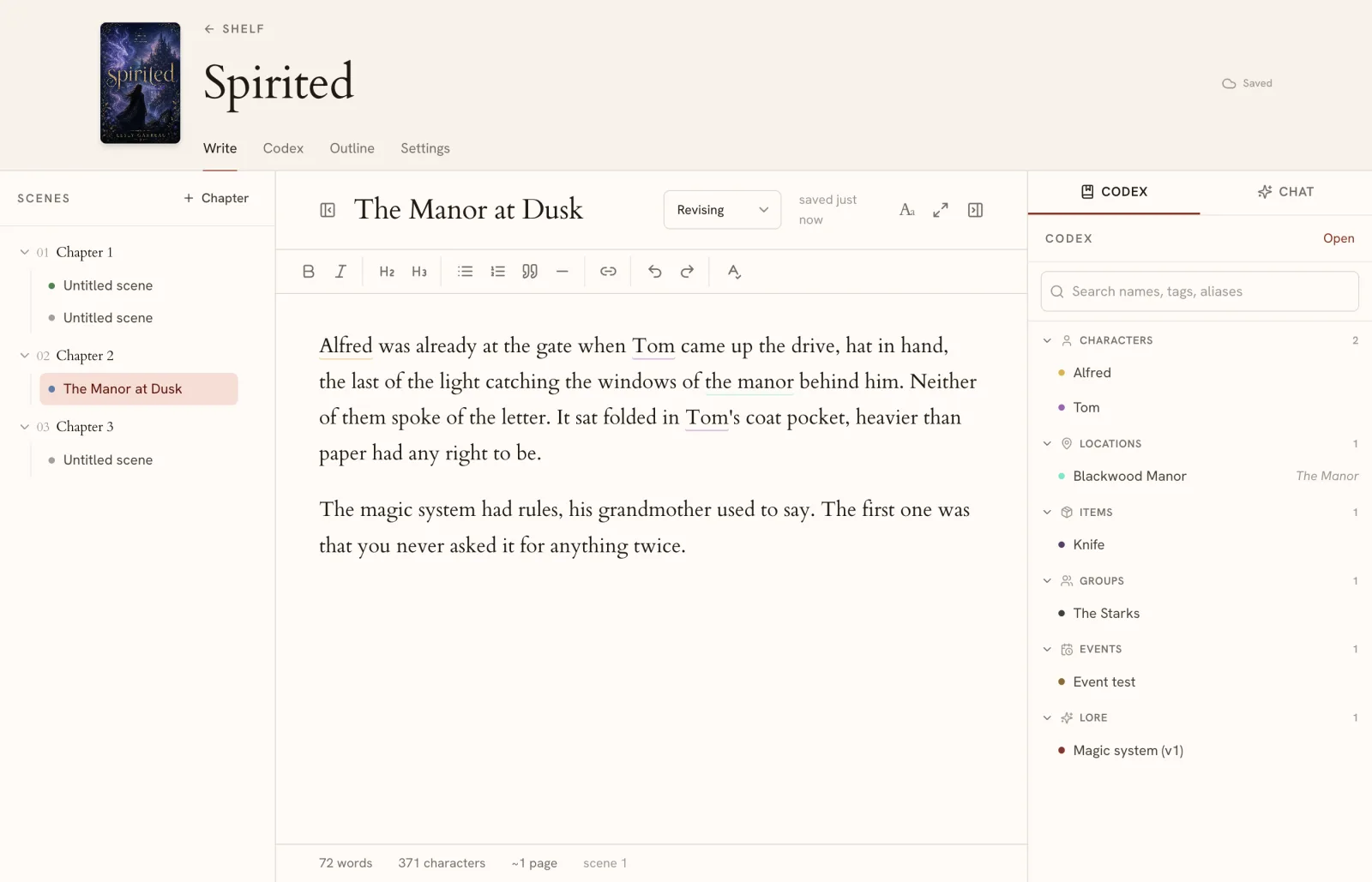 Penflow writing a novel called Spirited: chapters and scenes on the left, the scene The Manor at Dusk in the middle, and the Codex of characters and places on the right.
