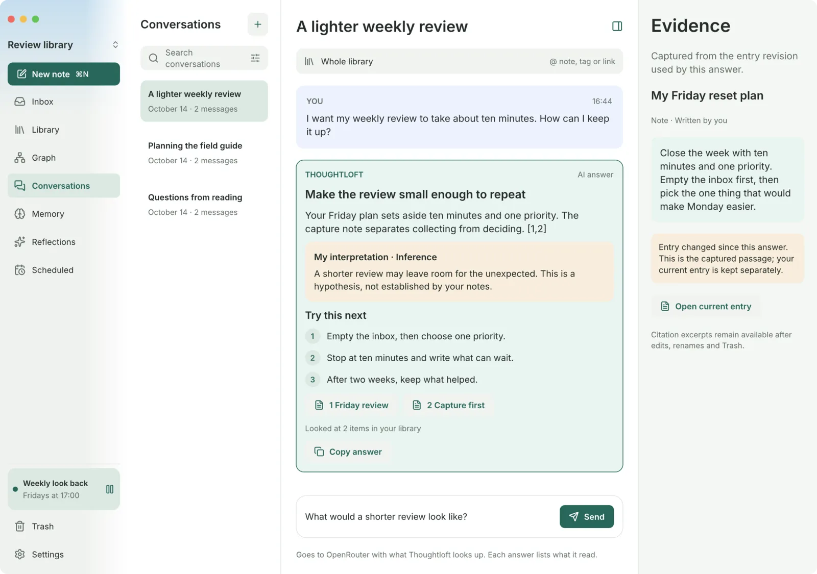 A Thoughtloft conversation: a question about a ten minute weekly review, answered from two notes, with the source passage shown on the right.