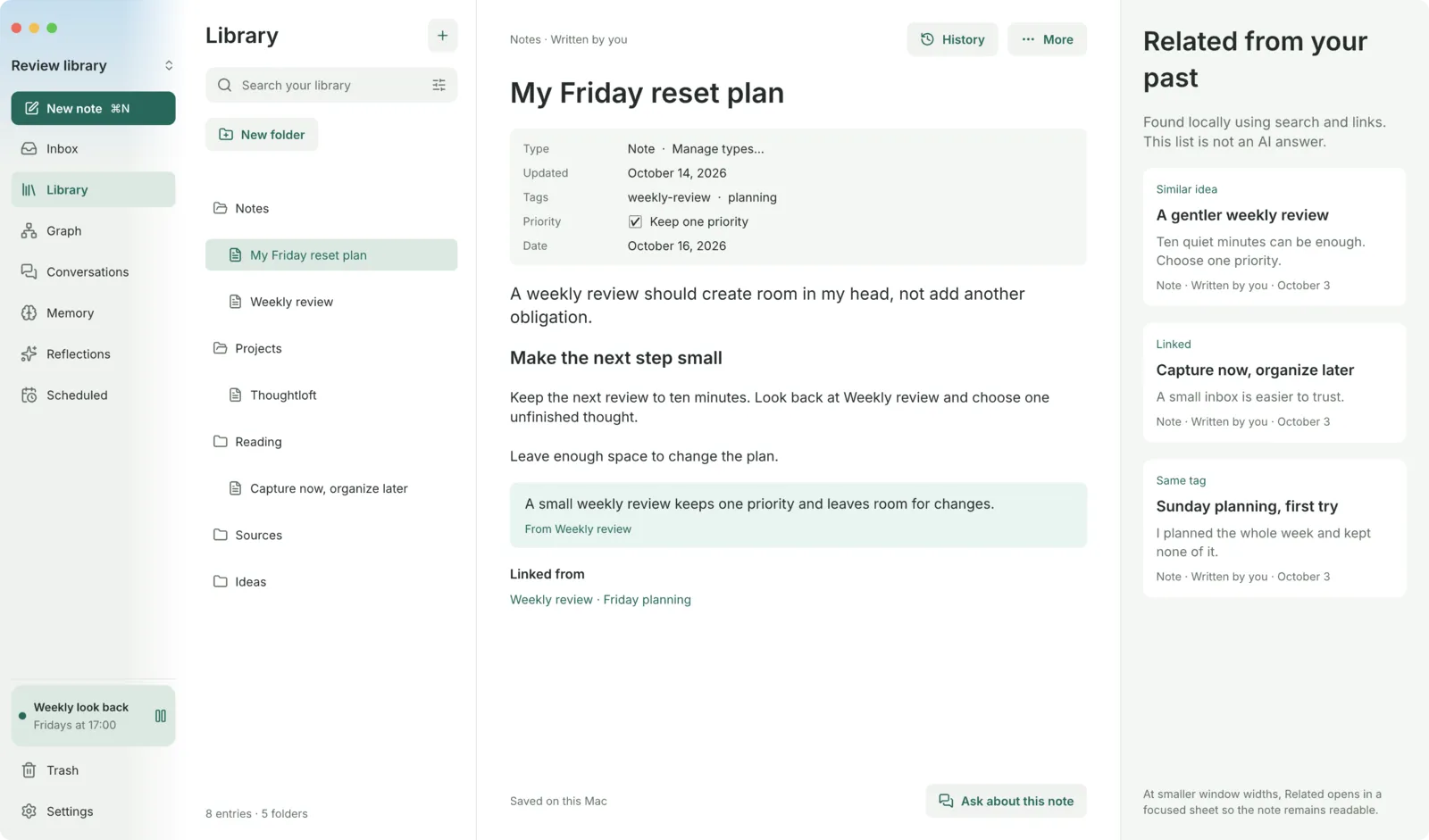 Thoughtloft on the Mac: a note called My Friday reset plan, with older notes it relates to listed on the right under Related from your past.